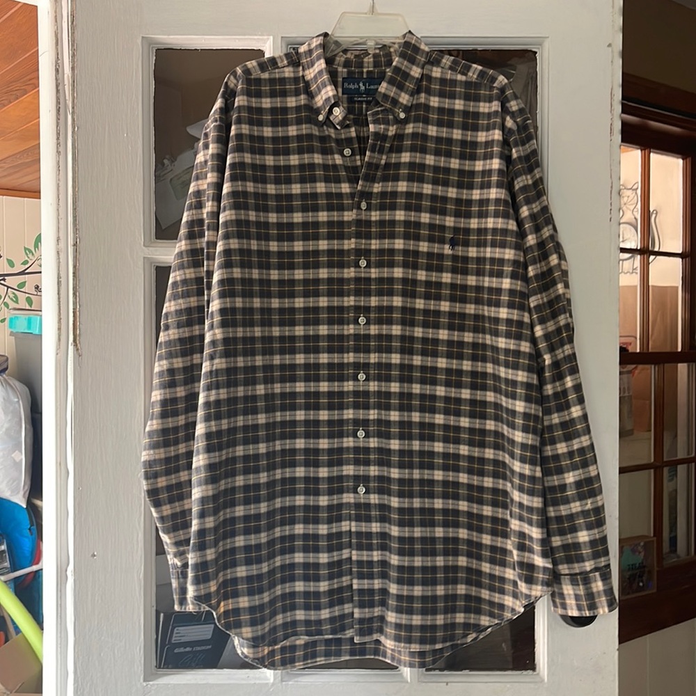 Ralph Lauren Black and Tan Plaid Casual Button Down Shirt